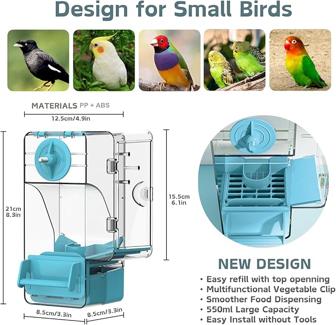 Automatic Bird Feeder, No Mess Bird Cage Feeder with Perch Multi-Functional Holder for Fruits Vegetables for Parakeet Canary Cockatiel Finch (Blue)