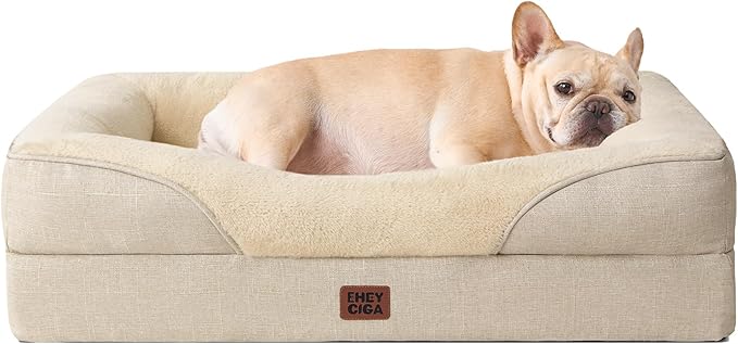 EHEYCIGA Orthopedic Dog Bed for Medium Dog, 30x20x6.5 Inch Memory Foam Dog Couch Bed with Sides, Waterproof Liner & Washable Removable Cover, Bolster Pet Sofa, Beige