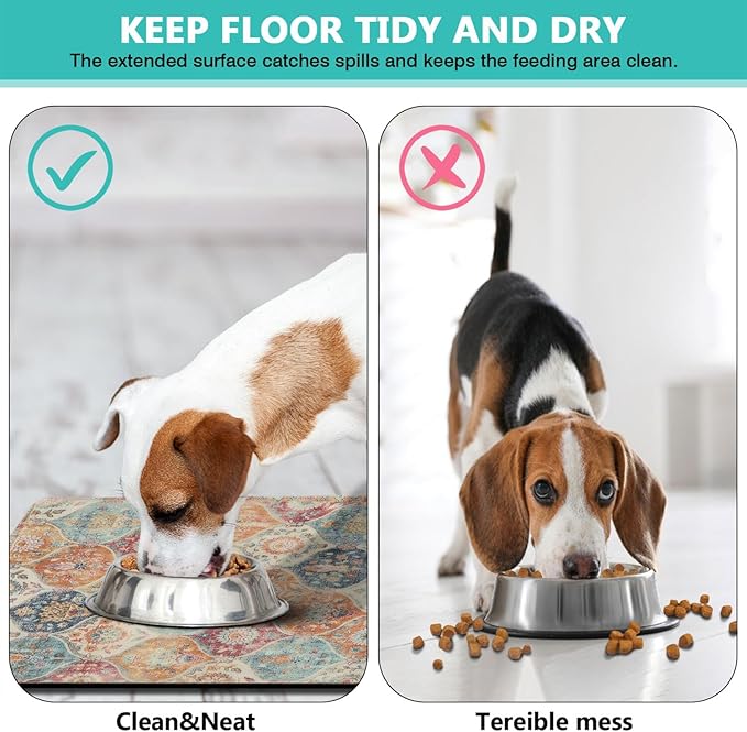Moroccan Trellis Dog Food & Water Mat, Mexican Talavera Boho Colorful Pet Feeding Mat for Floor Non-Slip Waterproof, Super Absorbent Cat Bowl Mat, Easy to Clean Durable Pet Placemat,12" × 20"
