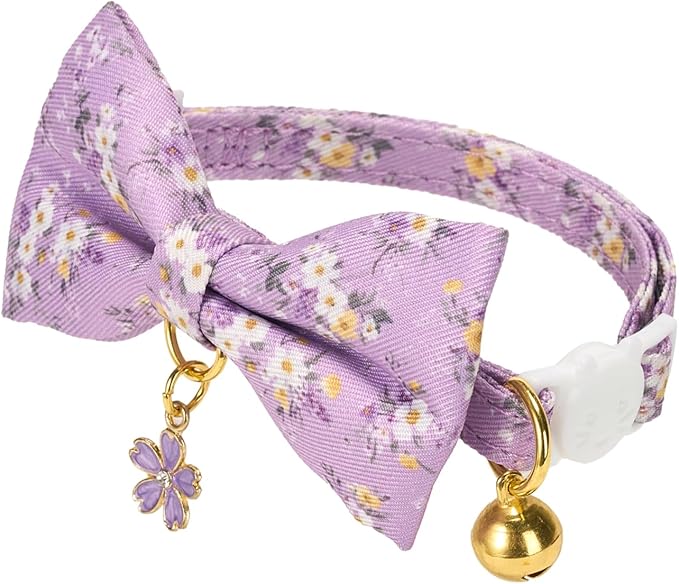 2 Pack Cat Collars, Removable Bowtie, Floral Pattern, Safety Breakaway Clasp, Adjustable for Cats.(Adult Cat, Purple and Pink dasiy)