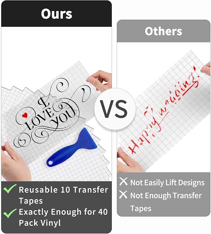 Permanent Vinyl (50Pack, 12"x12") - 40 Adhesive Vinyl (Matte & Glossy) + 10 Transfer Tapes 1 Scraper, Waterproof Outdoor for All Cutting Machine, Perfect for Home Party Decor