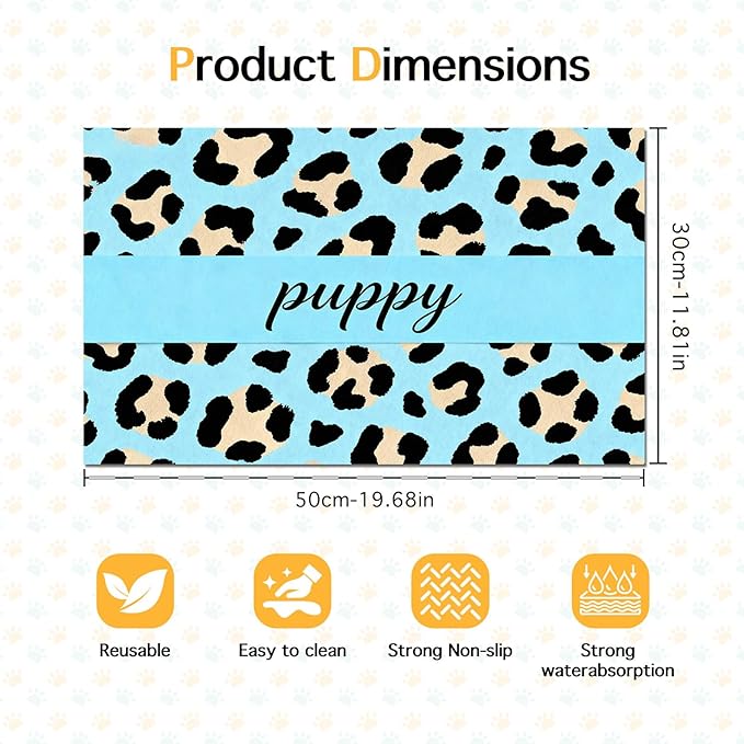 Puppy Feeding Mat 20x12 inch Blue Leopard Print Dog Bowl Placemat Non Slip Mat for Pet Food and Water Small Dog Feeding Area Indoor Puppy Food Station Pet Meal Mats for Kitchen Floor Use
