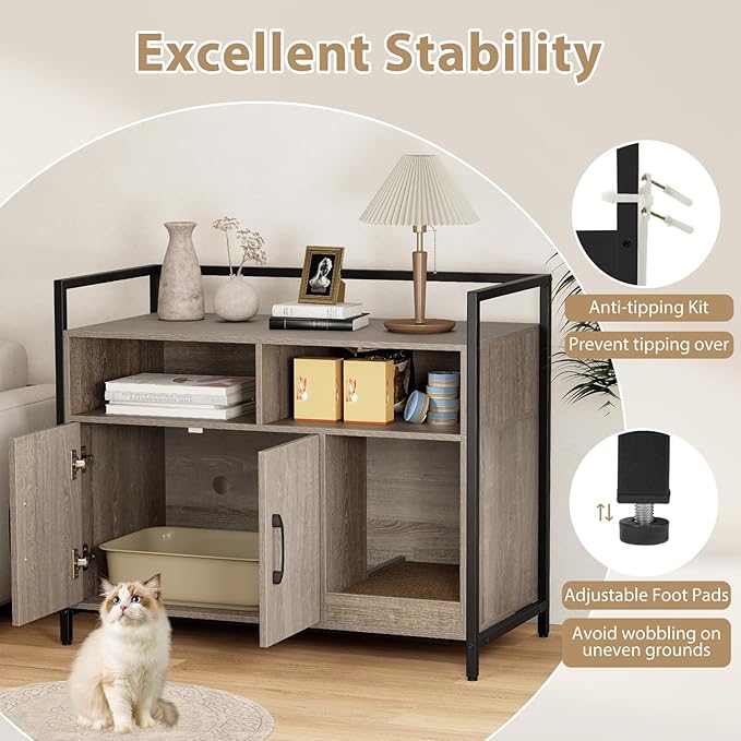 Giantex Cat Litter Box Enclosure - Cat Washroom Hidden Furniture with Front Entry, Scratcher, 2-Door Storage Cabinet, 2 Compartments, Air Vents, Metal Frame, Wooden Pet Crate House (Oak Gray)