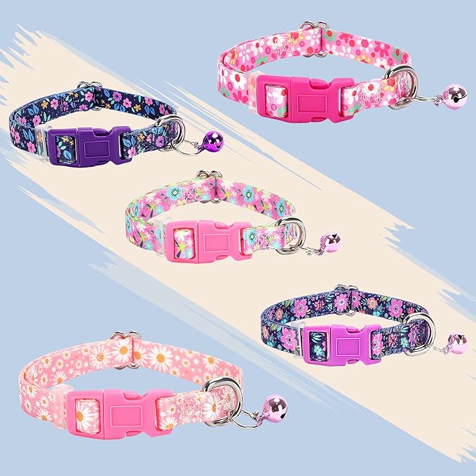 Small Dog Collar with Bell，Nylon - Adjustable XXS/XS Tiny Dog & Cat Collar for Small Breeds,Soft Pink Collar with Quick-Release Buckle（Flowers S）