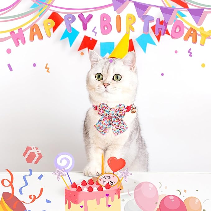 SCENEREAL Birthday Cat Collar with Bell & Stylish Bowtie, Breakaway Cat Collars Accessories for Boy Girl Small Cats, Holiday Kitten Gifts Costumes for Female Male Pets Puppy