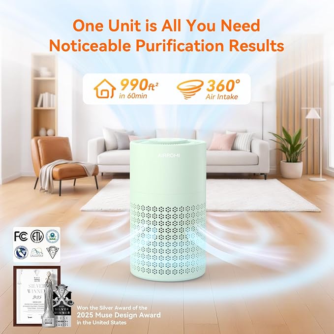 AIRROMI Air Purifier for Bedroom with HEPA 3-in-1 Filter, Pet Air Purifier for Home Cat Pee Smell, Covers Upto 990 Ft², Quiet 360°intake Air Cleaner for pet hair,allergies,Dust,Smoke A2001 Green