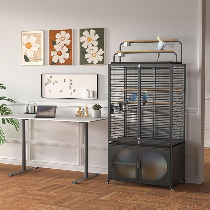 GDLF 72-Inch Bird Cage with Play Top, Parakeet Cage with Rolling Storage Cabinet Extra Large with Cover for Parrot, Cockatiel, Budgie, Parrotlet, Green Cheek Conure
