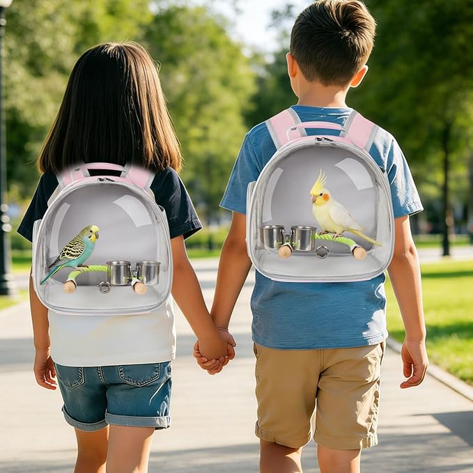 Small Bird Travel Backpack Carrier Cage with Cups, Backpack to Transport Backpack Carrier with Clamp Cups Stand Perch for Parakeet Cockatiel Budgies Vet Carry Book Bag Pink