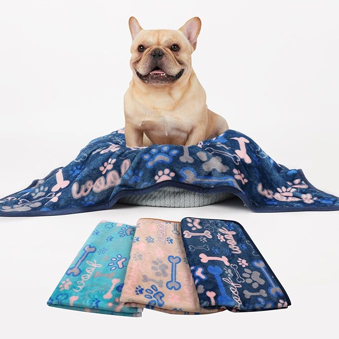 Luciphia 1 Pack 3 Blankets Fluffy Premium Fleece Pet Blanket Flannel Paw Bone Printed Throw for Dog Cat(Large 41"x31", Khaki/Blue/Navy)