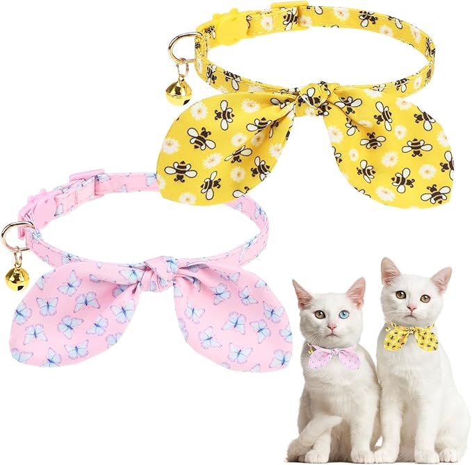 KOOLTAIL Spring Cat Collar Breakaway with Bowtie and Bells, 2 Pack Cute Kitten Collars, Butterfly & Bee Design with Safety Buckle Adjustable for Small Large Cats Boys & Girls