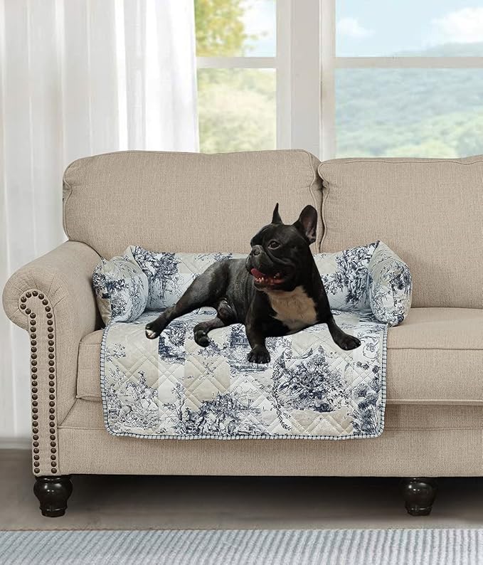 Brilliant Sunshine Quilted Calming Dog Bed Mat, Removable Washable Cover, Cushion Protector and Couch Covers for Dogs, Pets, Cats, Medium, Blue Beige Toile