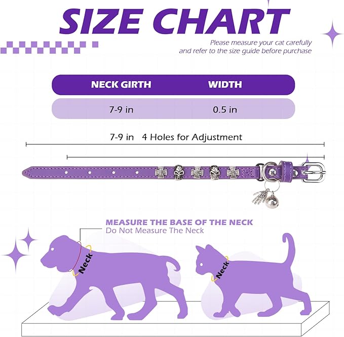 EXPAWLORER Leather Cat Collar for Girl Boy- Adjustable Pet Collar with Safety Elastic Belt,Personalized Punk Accessories Buckle Collars with Bell & Durable D-Ring, Skull(Purple)