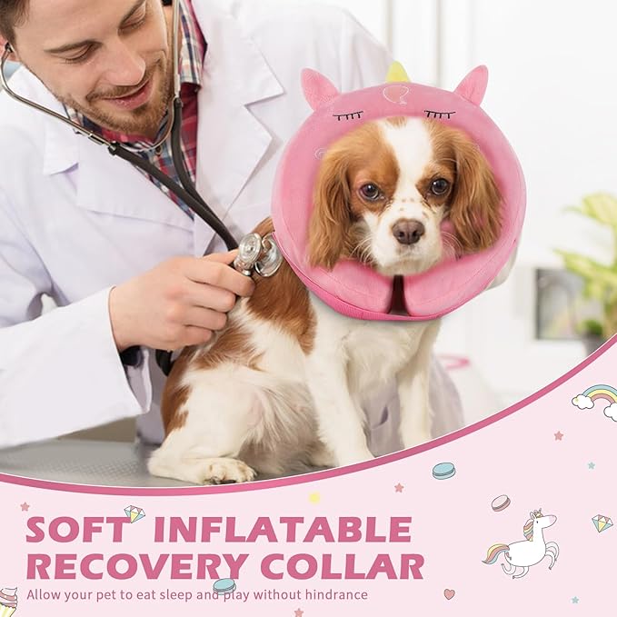 IEUUMLER Inflatable Recovery Dog Collar, Protective Donut Cone, Adjustable Soft Collar for Dog and Cat After Surgery Prevent from Biting & Scratching EU002 - Unicorn M+