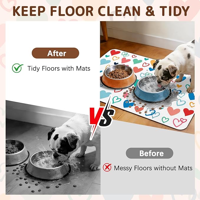 Dog Food Mat for Bowls, Absorbent Quick Dry Dog Cat Mats for Food and Water, Non-Slip Backing Pet Mat Pet Supplies - Heart Pattern