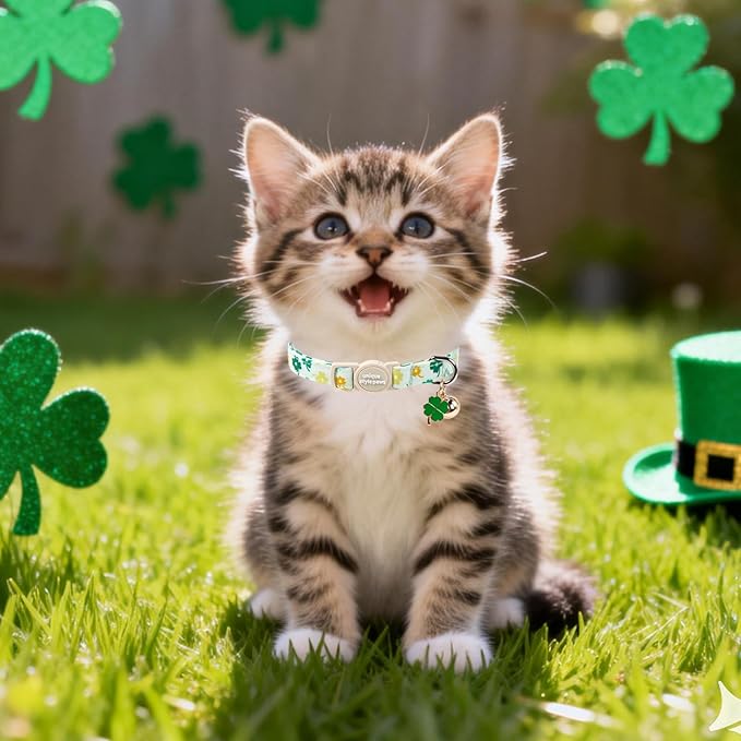 Unique Style Paws Saint Patrick Cat Collar,Shamrock Cat Collars,Green Kitten Collar Breakaway Buckle,Adjustable St. Patrick Day Puppy Collar,Ideal Gift for Boy Girl Cats