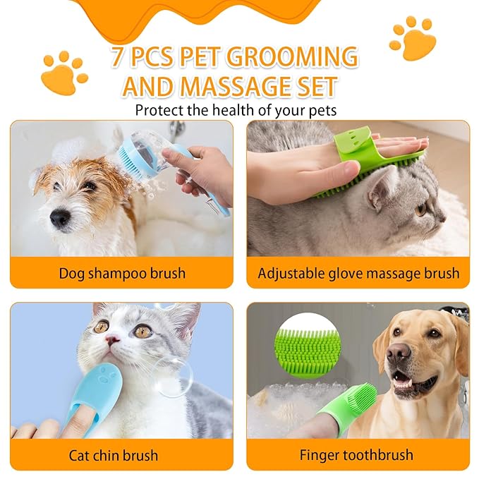 7 PCS Pet Bath Brush Set, Dog Bath Brush with Shampoo Dispenser, Cat Chin Cleaning Brush, Dog Toothbrush, Adjustable Glove Massage Brush, Pet Scrubber for Bathing Long Short Haired Dogs Cats