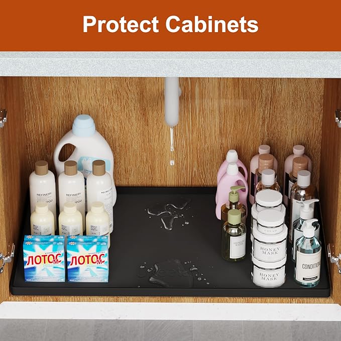 Extra Thick Silicone Mat Waterproof with Raised Edge 22" x 19", Under Sink Mat for Kitchen & Bathroom, Kitchen Cabinet Liner, Multi-Purpose for Storage & Protection, Black