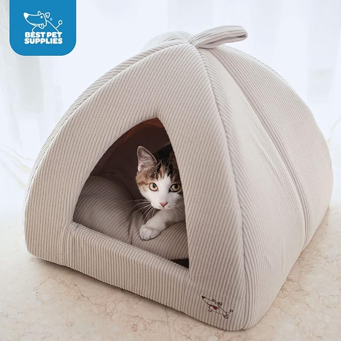Best Pet Supplies Dog House Bed Crate Mat Tent Indoor Round Soft Plush for Small, Medium, and Large Breeds - Beige Corduroy, 16 x 16 x H:14"