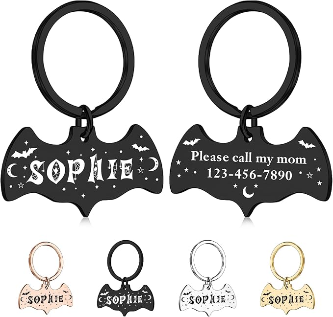 Personalized Pet Tags for Dog Cat, Custom Halloween ID Tags for Dogs, Dog Name Tags Engraved for Pets, Boo Basket Stuffers, Halloween Gifts for Dogs Lovers (Bat)