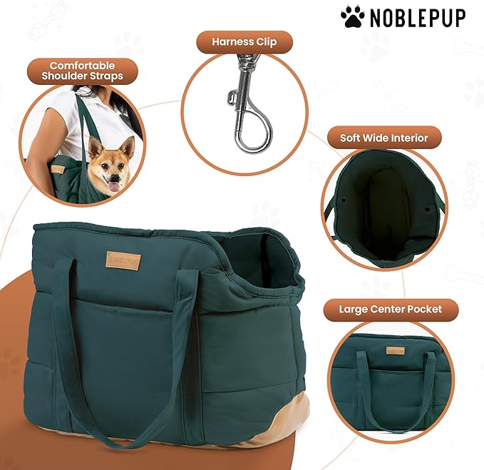 Plush Dog Purse Carrier for Small Dogs, Soft Dog Tote Bag with Safety Harness Clip, Cozy Pet Carrier for Dogs Under 15 lbs, Comfortable Dog Shoulder Carrier for Travel, Green