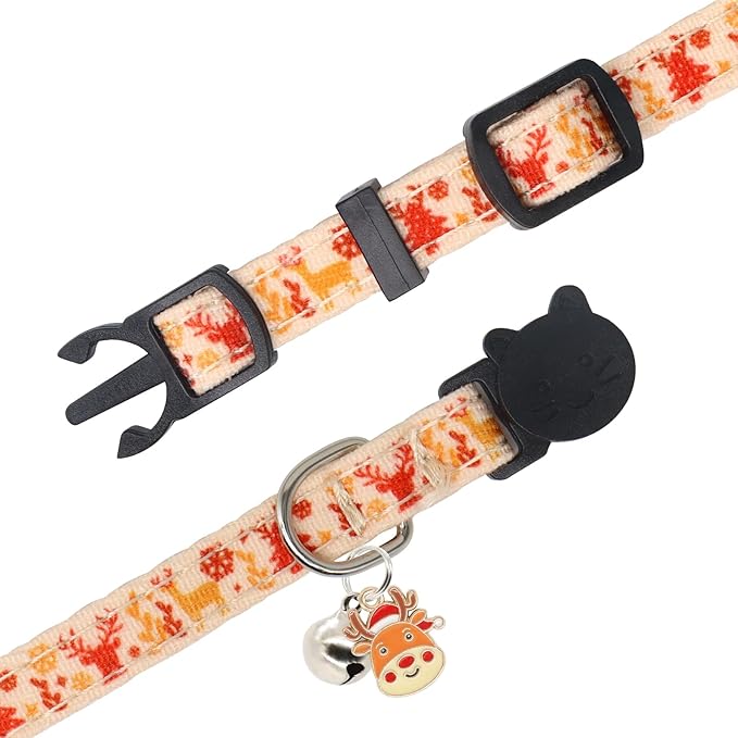 Christmas Cat Collar, Cotton 2 Pack Cat Collar with Bells, Breakaway Collars for Girl Boy Kittens, Reindeer