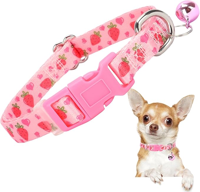 XS Dog Collar with Bell - Durable Nylon Collar for Small Breeds,Adjustable Cute Fruit Pattern Collar for Chihuahua Pomeranian Yorkie, Heavy-Duty for Active Puppies（Pink Strawberry XS）