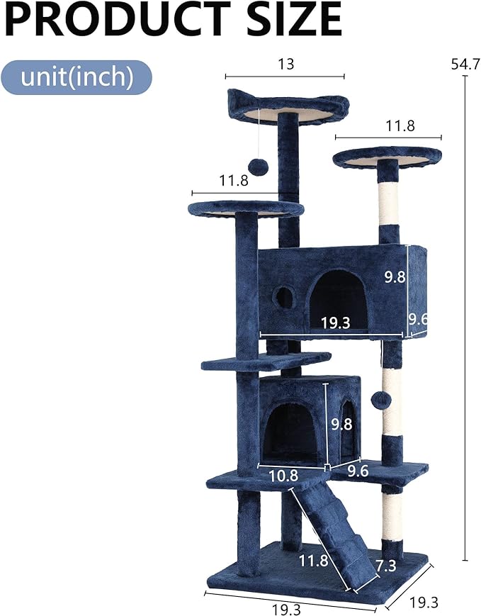 FDW | 54" Cat Tree Tower | Dark Blue | Multi-Level Indoor Activity Center with Sisal Scratching Posts, Condos, Plush Perches, Hanging Cat Toys | Sturdy, Easy to Assemble | for Kittens & Adult Cats
