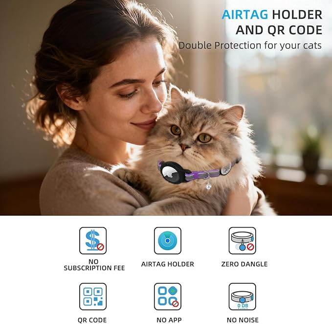 Airtag Cat Collar Breakaway with QR Code Name Tag, Reflective cat Collar airtag Holder with Bell, Cat ID Tag Personalized, Ultra-Durable, Adjustable, Quick Release, Fits Small Large Cats, Purple