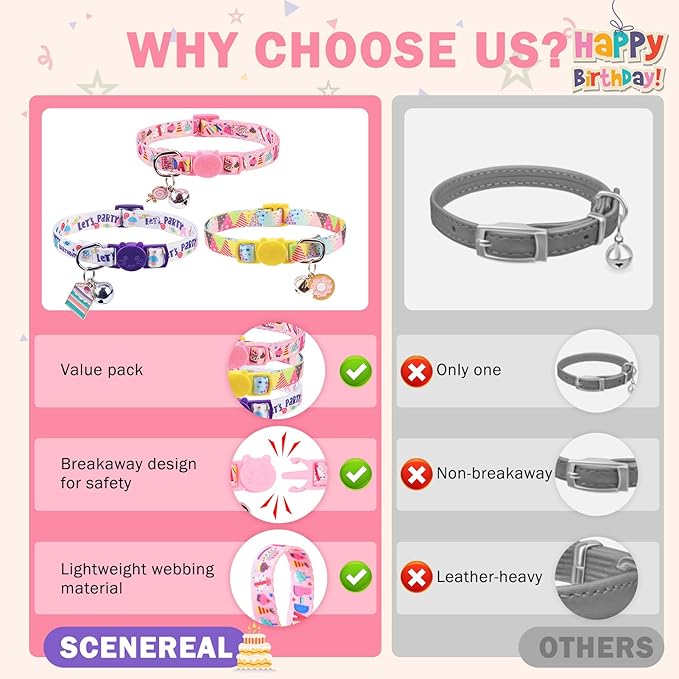 SCENEREAL Birthday Cat Collars Breakaway with Bells, 3 Pack Adjustable Cat Collars for Boy and Girl, Cute Cat Collar for Kitten Cats, Birthday Collar with Cake and Donut Jewelry