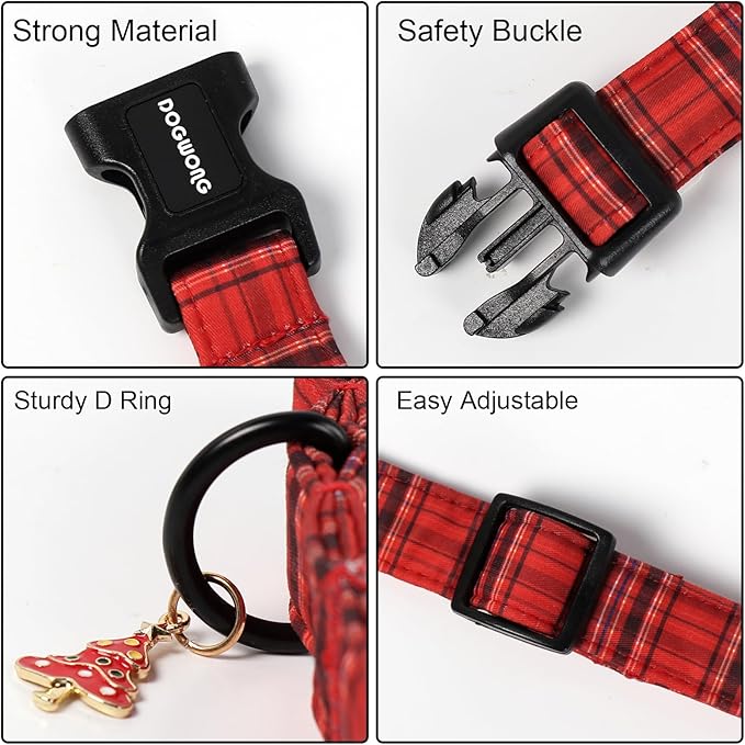 DOGWONG Christmas Plaid Dog Collar, Cute Adjustable Red Tartan Collar, Red Grid Dog Collar with Strong Plastic Buckle for Small Medium Large Dogs,L