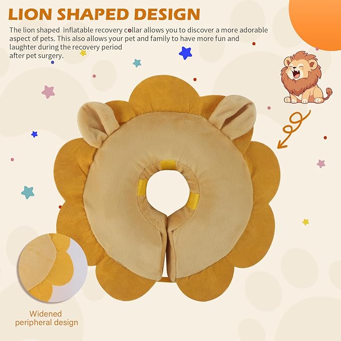 IEUUMLER Inflatable Recovery Dog Collar, Protective Donut Cone, Adjustable Soft Collar for Dog and Cat After Surgery Prevent from Biting & Scratching EU002 - Brown Lion L