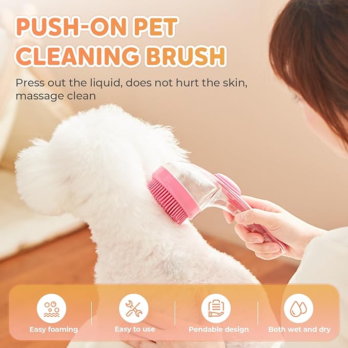 Pet Bath Brush, 2025 New 2 in 1 Dog Bath Brush with Built-in Shampoo Dispenser, Pet Wash Brush for Bathing Dog Grooming Massage Brush for Long Short Haired Dogs Cats Shower (Pink, Coarse teeth)