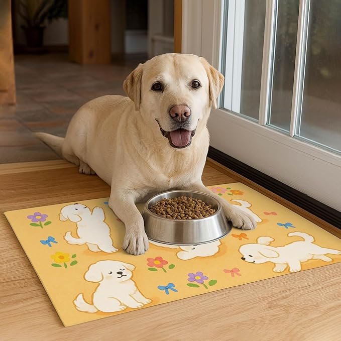 Bichon Frise Pet Food Mat Cute Spill-Proof Dog Water Bowl Mat Funning Mats for Cat Food and Water Bowls Cute Easy Clean Dog Bowl Mats Pet Placemat 20" x 12" Fast Dry Pets Feeding Pad