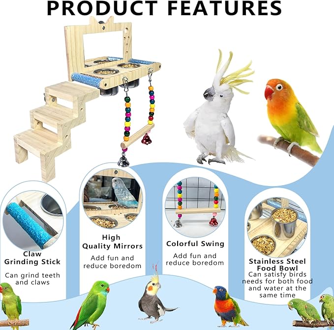 kathson Bird Perches Cage Toys with Bird Climbing Ladder Swing Mirror,Wooden Parrot Perches Platform with Feeding Cups,Parakeet Play Gyms Exercise Stands Cage Accessories for Lovebird,Budgie,Cockatiel