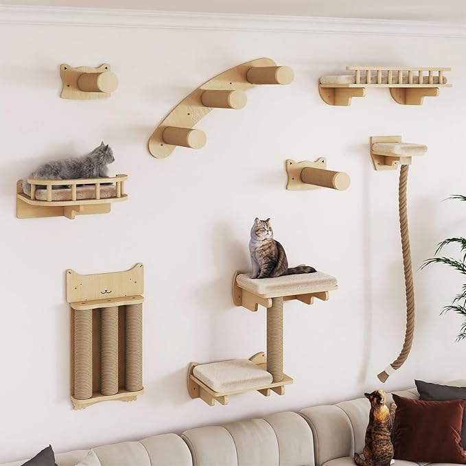 BYBYME Cat Climbing Wall Set Made of Natural Wood, 8 Pcs Sturdy Furniture with Scratching Posts, Kitten Platform, 100CM Sisal Rope and Cat Bed for Cats Sleeping, Playing, and Lounging（Natural Wood）