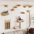 BYBYME Cat Climbing Wall Set Made of Natural Wood, 8 Pcs Sturdy Furniture with Scratching Posts, Kitten Platform, 100CM Sisal Rope and Cat Bed for Cats Sleeping, Playing, and Lounging（Natural Wood）