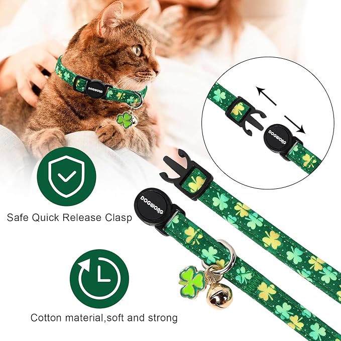 2 Pack St.Patrick's Day Kitten Collars,DOGWONG Cute Shamrock Breakaway Kitty Collars,Spring Green Trefoil Cat Collar with Bell, Lucky Clover Kitten Collars for Girl & Boy Cats