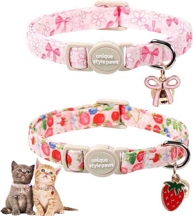 Unique Style Paws Pink Flower Kitten Collars,Cute Pink Bow Cats Collar with Bell,Kitten Collar Breakaway Buckle with Heart Pattern,Adjustable Flower Cat Collars,Ideal Gift for Boy Girl Cats
