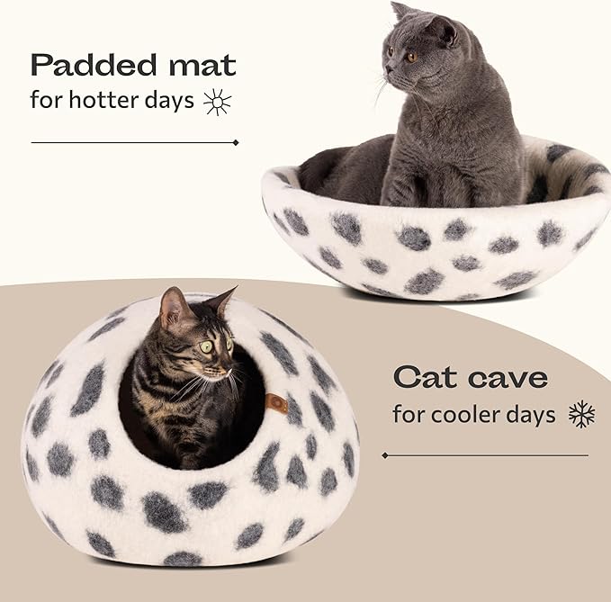 MEOWFIA Cat Cave – Premium Felt Cat Bed for Indoor Cats, Handmade Merino Wool (Snow Leopard, Large)