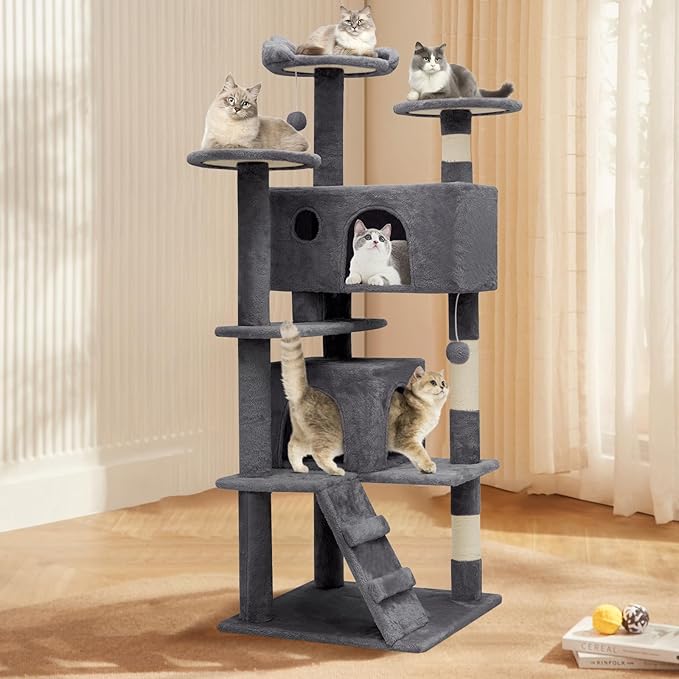 Athena Collection Cat Tree, 54 Inch Cat Tree Tower for Indoor Cats, Multi-Level Cat Tower House Activity Center with 2 Cat Condo & Scratching Post & Dangling Ball, Tall Cat Climbing Tower, Darkgray