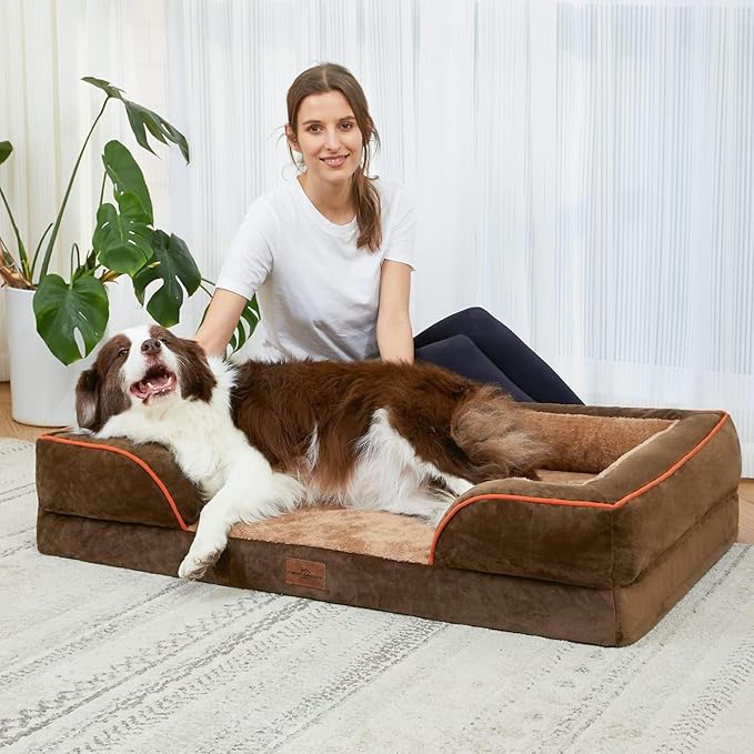 Comfort Expression Orthopedic Dog Bed for Extra Large Dogs 48x30 Inch, Waterproof Egg Crate Foam XXL Pet Bed with Removable Bolsters, Dog Couch with Washable Cover & Non-Slip Bottom, Brown