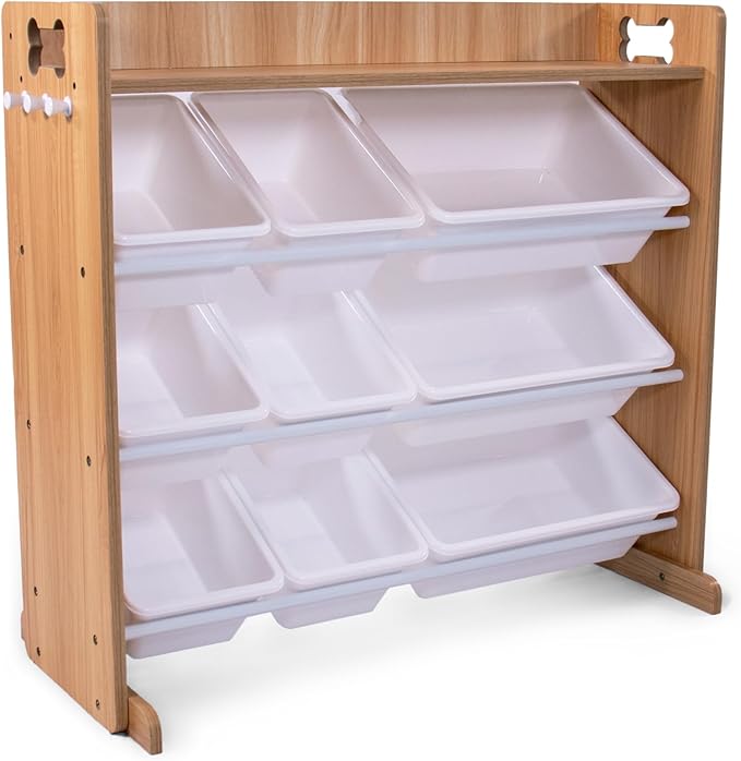 Humble Crew Aspen Pet Supplies Organizer with Shelf and 9 Storage Bins – Natural Wood Frame with White Bins, Hooks & Bone Cutout Handles for Dogs, Cats & Small Pets