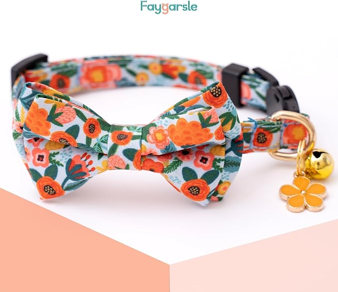 Faygarsle 2 Pack Cat Collar with Bell Breakaway Bowtie for Male Female Cats Pink Purple Flower Floral Spring Summer Cat Collar for Boy Girl Cats