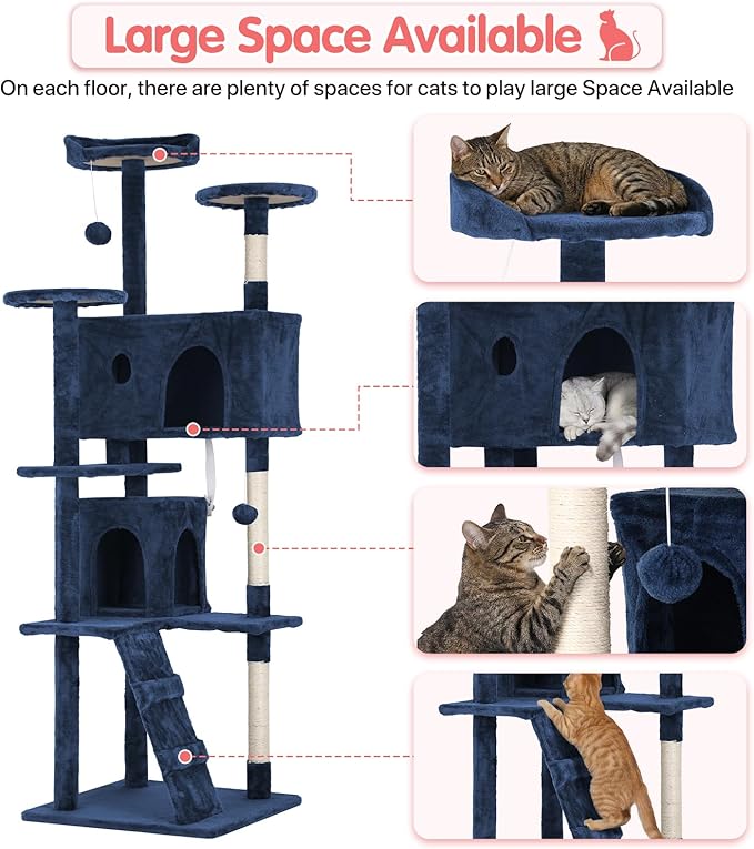 70in Cat Tree Cat Climbing Tower with Scratching Post, Cats House Perch Kitten Tree Condo Wood Playhouse, Pet Trees Tower for Indoor Cats, Navy Blue