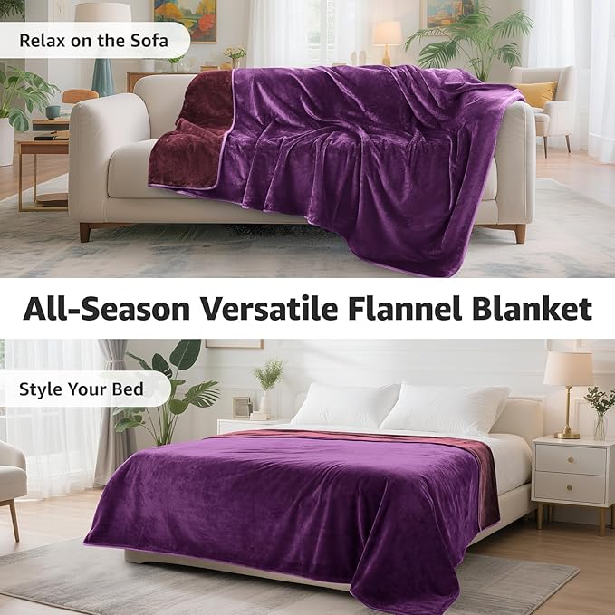 LOOBANI Waterproof Blanket for Bed: Reversible Soft Flannel Twin Bed Blanket 60" x 80", Leakproof Throw Spill-Proof Dog Pet Blanket for Couch, Sofa Protect, Movie Time, Camping, Travel, Purple