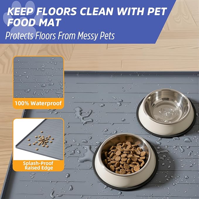 Large Dog Mats for Food and Water, 32"x24" Waterproof Pet Food Mats for Floor Nonslip Silicone Bowl Mats with Raised Edges