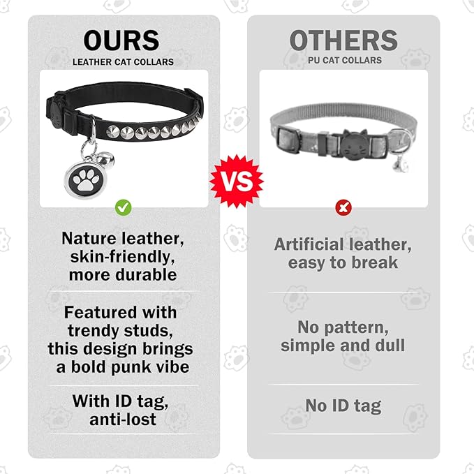 Leather Personalized Breakaway Cat Collar with Studded Bell and Safety Quick Release Buckle - Rivets Studded ID DIY Collars for Boy Girl Cats Kittens, Black XS