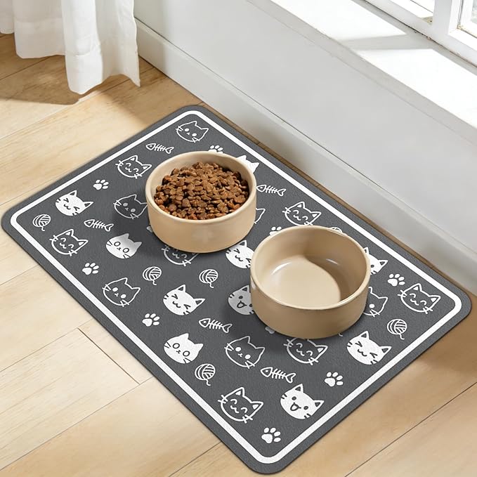 Dog Food Mat for Bowls, Absorbent Quick Dry Dog Cat Mats for Food and Water, Non-Slip Backing Pet Mat Pet Supplies - Cute Cat Pattern
