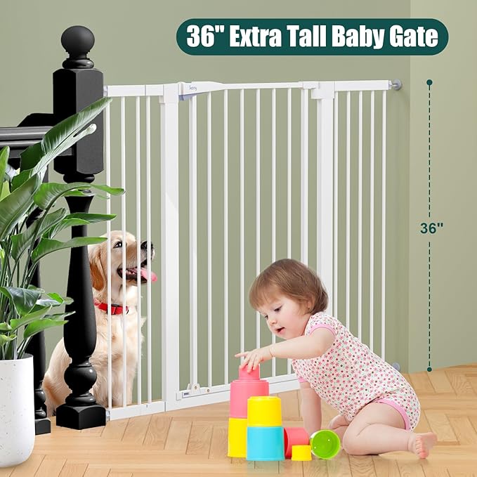 keny 36" Extra Tall Baby Gate for Stairs, 29.7-51.5" Adjustable Width Auto Close Dog Gate for Doorways Hallways, Easy Walk Thru Pet Gate with 21.1" Large Opening Door, White