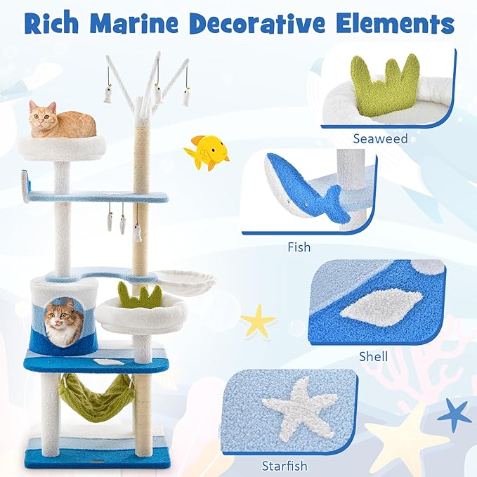 Tangkula Ocean-Themed Cat Tree, Multi-Level Cat Tower with Sisal Scratching Posts, Condo, Perch, Hammock, Jump Platforms, Hanging Interactive Toys, Cute Cat Activity Center for Indoor Cats (65 Inch)